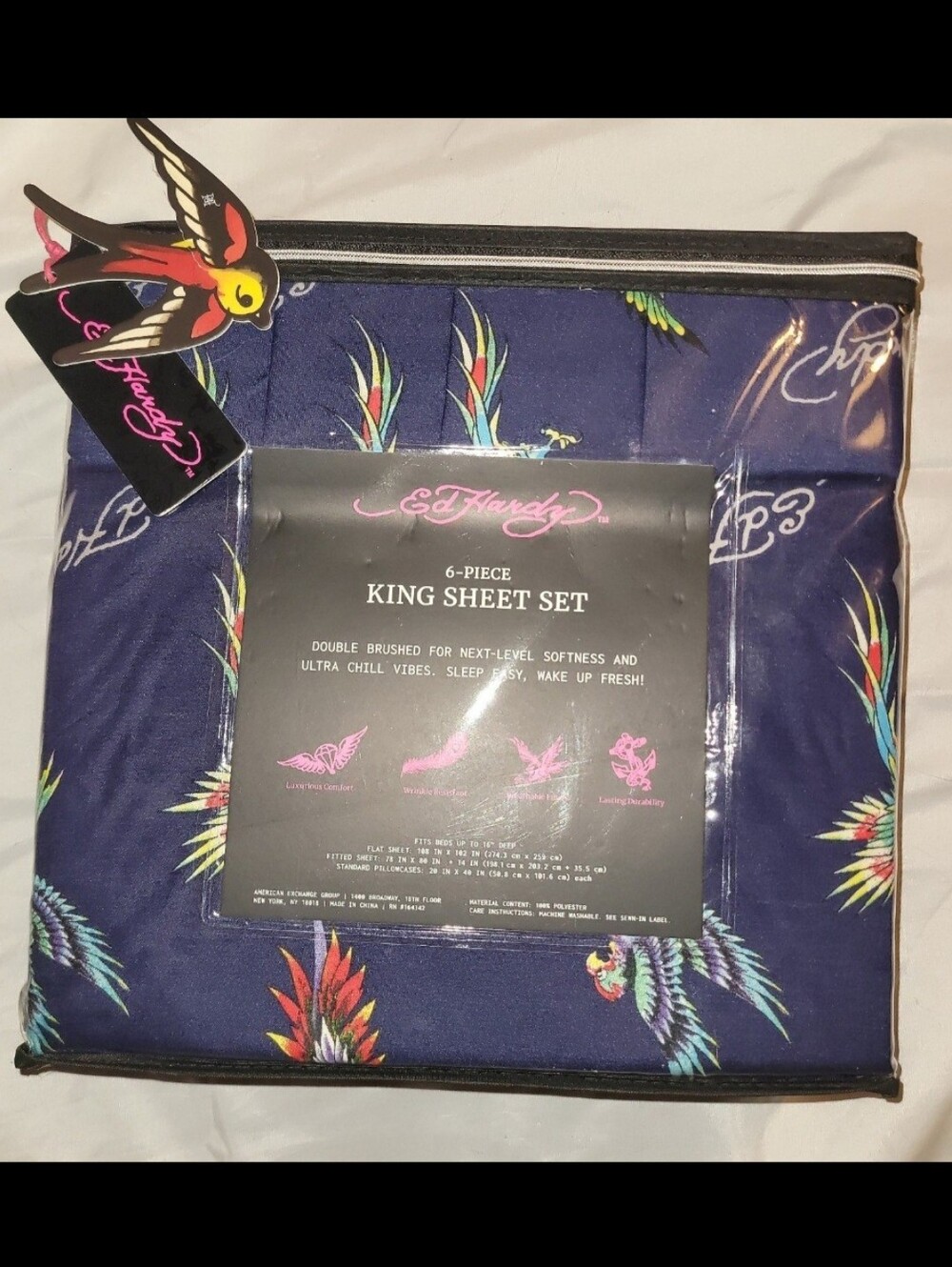Ed Hardy Navy 6 Piece King Sheet Set with Multicolor Parrot Motif